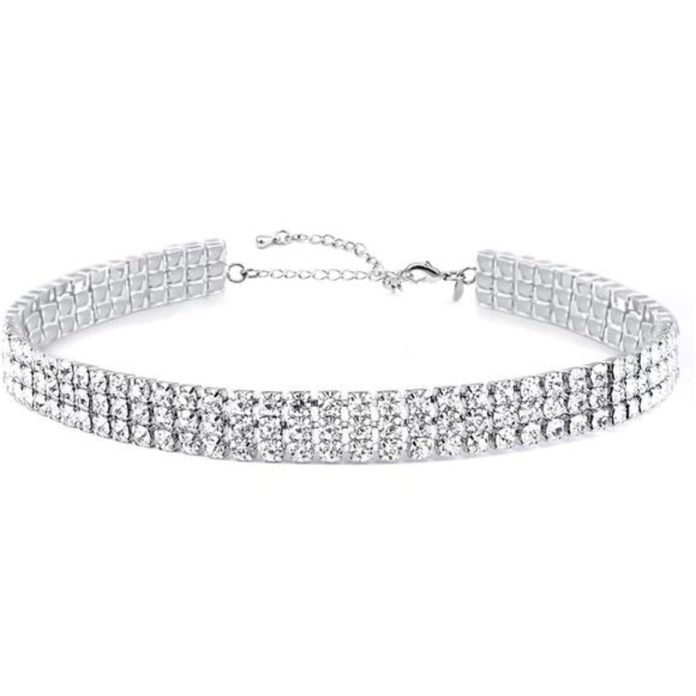 Zealmer 3 Row Rhinestone Choker Necklace for Women 18K Gold Plated